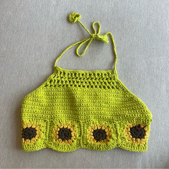 Tops - Hand Crocheted Lime Green Sunflower Granny Square Top